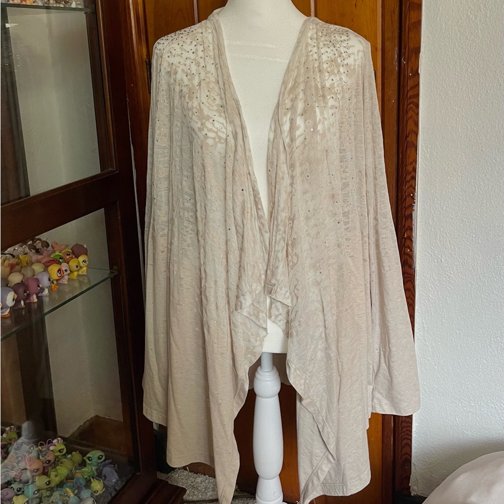 Calvin Klein Tan Cream Beige Long Sleeve Cardigan Cover Up Rhinestones Size XL